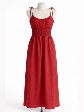Zara Red Tie-Shoulder Smocked Maxi Dress